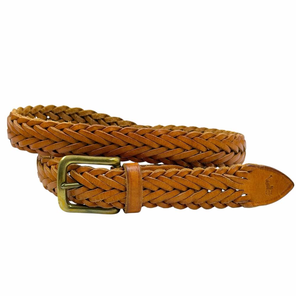 Vtg Polo Ralph Lauren Mens Brown Braided Leather Belt Brass Made In England 34